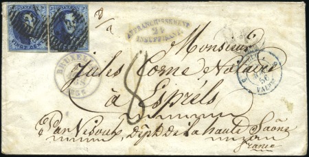 Stamp of Belgium » Belgique. 1851 Médaillons (filigrane sans cadre) - Émission 20c Bleu, deux exemplaires (lég. touchés), oblitér