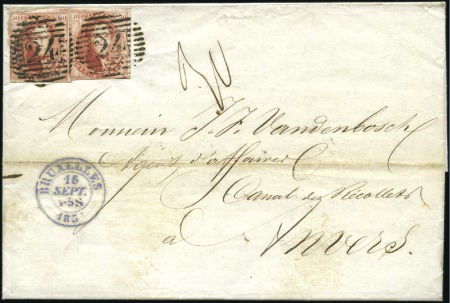 Stamp of Belgium » Belgique. 1851 Médaillons (filigrane sans cadre) - Émission 40c Carmin, deux exemplaires (lég. touchés), oblit