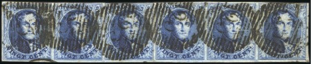 Stamp of Belgium » Belgique. 1858 Médaillons arrondis - Émission 20c Bleu, bande de six, positions 132 à 137 de la 