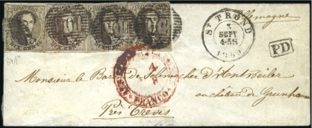 Stamp of Belgium » Belgique. 1858 Médaillons arrondis - Émission 10c Brun, quatre exemplaires diversement margés, o