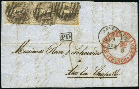 Stamp of Belgium » Belgique. 1858 Médaillons arrondis - Émission 10c Brun, trois exemplaires diversement margés, ob