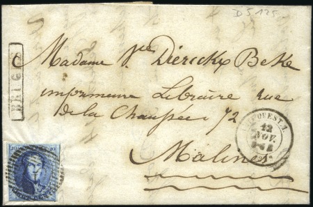 Stamp of Belgium » Belgique. 1858 Médaillons arrondis - Émission 20c Bleu, touché, oblitération de la l'ambulant O.