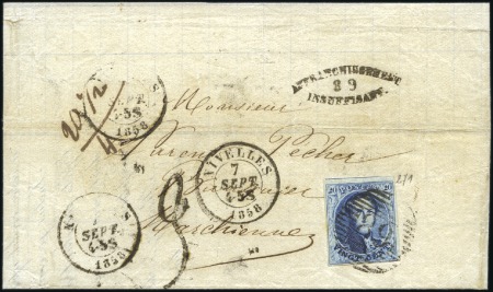 Stamp of Belgium » Belgique. 1858 Médaillons arrondis - Émission 20c Bleu, bien margé, oblitération de la perceptio