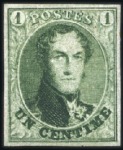 Stamp of Belgium » Belgique. 1861 Médaillons allongés - Émission 1c Vert-foncé en bloc de quatre, belles marges rég