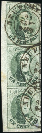 Stamp of Belgium » Belgique. 1861 Médaillons allongés - Émission 1c Vert, bande verticale de trois, très bien margé