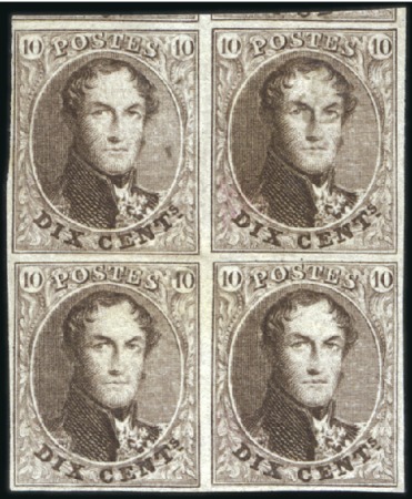 Stamp of Belgium » Belgique. 1861 Médaillons allongés - Émission 10c Brun en bloc de quatre, très bien margé avec g