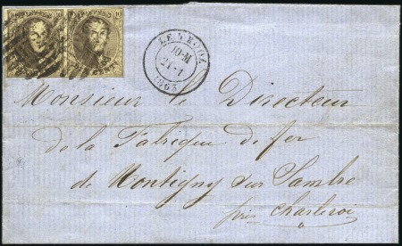Stamp of Belgium » Belgique. 1861 Médaillons allongés - Émission 10c Brun, paire très bien margée, oblitération à 8