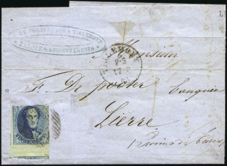 Stamp of Belgium » Belgique. 1861 Médaillons allongés - Émission 20c Bleu, marges irrégulières montrant bord de feu