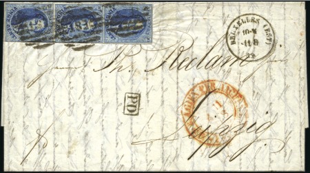 Stamp of Belgium » Belgique. 1861 Médaillons allongés - Émission 20c Bleu, bande verticale de trois, petits défauts