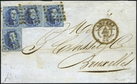 Stamp of Belgium » Belgique. 1861 Médaillons allongés - Émission 20c Bleu, quatre exemplaires touchés, oblitérés du