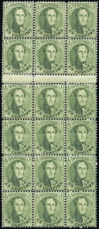 Stamp of Belgium » Belgique. 1863 Médaillons dentelés 12 1/2 1c Vert-jaune, bloc de 18 montrant trois paires in