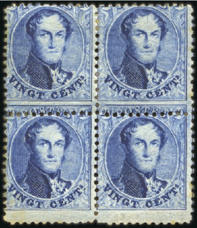 Stamp of Belgium » Belgique. 1863 Médaillons dentelés 12 1/2 20c Bleu, bloc de quatre, neuf avec gomme original