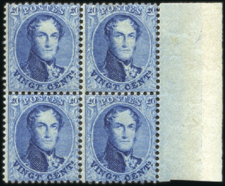Stamp of Belgium » Belgique. 1863 Médaillons dentelés 12 1/2 : 13 1/2 20c Bleu, bloc de quatre, neuf avec gomme original