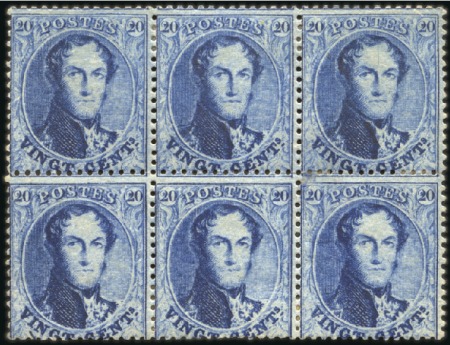Stamp of Belgium » Belgique. 1863 Médaillons dentelés 14 1/2 20c Bleu, bloc de six horizontal, neuf avec gomme 