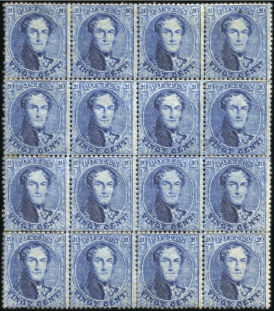 Stamp of Belgium » Belgique. 1863 Médaillons dentelés 14 1/2 20c Bleu, BLOC DE SEIZE, neuf avec gomme originale