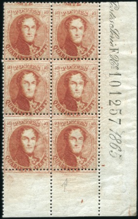 Stamp of Belgium » Belgique. 1863 Médaillons dentelés 14 1/2 BLOC DE SIX AVEC INSCRIPTION MARGINALE

40c Carm