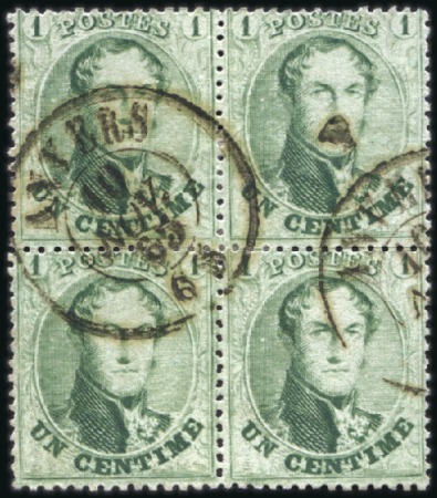 Stamp of Belgium » Belgique. 1863 Médaillons dentelés 14 1/2 1c Vert-jaune pâle, bloc de quatre, oblitération d