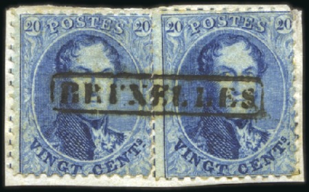 Stamp of Belgium » Belgique. 1863 Médaillons dentelés 12 1/2 20c Bleu, deux exemplaires sur fragment avec oblit
