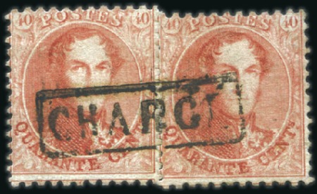 Stamp of Belgium » Belgique. 1863 Médaillons dentelés 12 1/2 : 13 1/2 40c Carmin-rose, deux exemplaires portant l'oblité