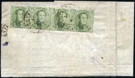 Stamp of Belgium » Belgique. 1863 Médaillons dentelés 12 1/2 : 13 1/2 1c Vert-jaune, en bande de quatre, planche III, ob
