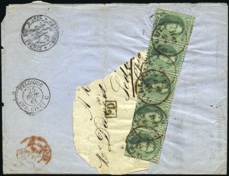 Stamp of Belgium » Belgique. 1863 Médaillons dentelés 12 1/2 : 13 1/2 1c Vert-jaune, bande de cinq, débitage au ciseaux,
