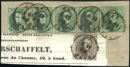 Stamp of Belgium » Belgique. 1863 Médaillons dentelés 12 1/2 : 13 1/2 1c Vert-jaune, bande de cinq plus 10c isolé (débit