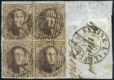 Stamp of Belgium » Belgique. 1863 Médaillons dentelés 12 1/2 : 13 1/2 10c Brun foncé, bloc de quatre, oblitération de la