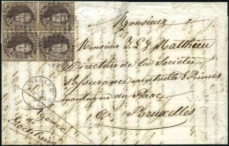 Stamp of Belgium » Belgique. 1863 Médaillons dentelés 12 1/2 : 13 1/2 10c Brun foncé, bloc de quatre (un coin court), ob