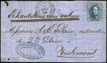 Stamp of Belgium » Belgique. 1863 Médaillons dentelés 14 1/2 20c Bleu, oblitération de points 99 de Dolhain-Lim