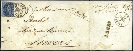 Stamp of Belgium » Belgique. 1863 Médaillons dentelés 12 1/2 : 13 1/2 20c Bleu, oblitération 10 barres de la perception 