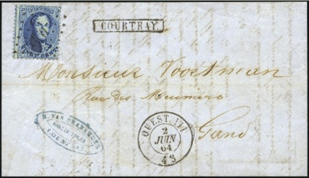 Stamp of Belgium » Belgique. 1863 Médaillons dentelés 12 1/2 : 13 1/2 20c Bleu, oblitération losange de points O.III sur
