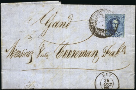 Stamp of Belgium » Belgique. 1863 Médaillons dentelés 14 1/2 20c Bleu, oblitération par un cachet administratif