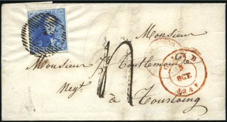 Stamp of Belgium » Belgique. 1849 Epaulettes - Émission 20c Bleu, très bien margé, oblitération de la perc