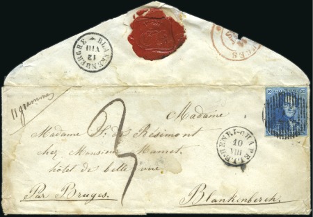 Stamp of Belgium » Belgique. 1849 Epaulettes - Émission 20c Bleu, très bien margé, oblitération de la dist