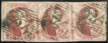 Stamp of Belgium » Belgique. 1851 Médaillons (filigrane sans cadre) - Émission 40c Carmin-rose, papier côtelé, bande de trois (po