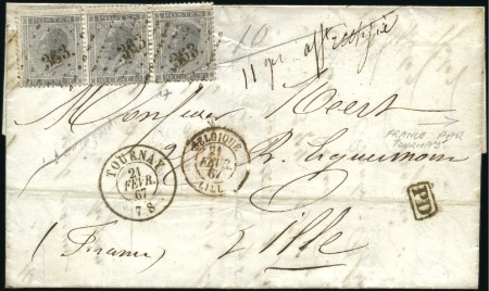 Stamp of Belgium » Belgique. Léopold 1er - Nouveau Type - Émission 10c gris perle en bande de trois obl. losange 363 