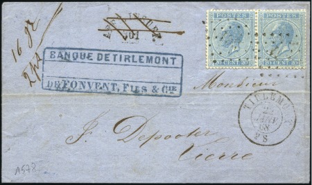 Stamp of Belgium » Belgique. Léopold 1er - Nouveau Type - Émission 20c bleu en paire obl. losange 361 sur lettre de T