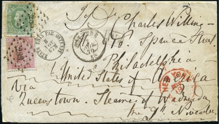 40c rose pâle +10c vert de 1869 sur lettre (ouvert