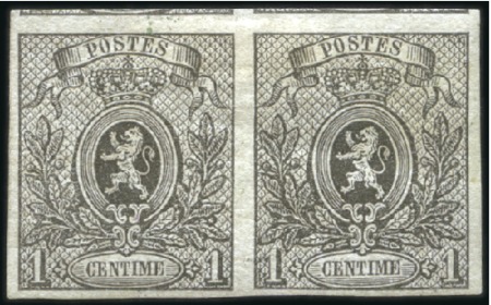 Stamp of Belgium » Belgique. 1866-67 Petit Lion - Émission 1c gris non dentelé en paire avec voisins en haut,