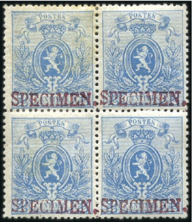 Stamp of Belgium » Belgique. 1866-67 Petit Lion - Émission 2c bleu avec surcharge SPECIMEN en bloc de quatre 