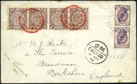 CHEFOO: 1902 Cover to England endorsed "via Russia