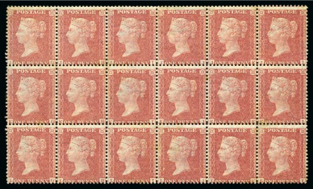 Stamp of Great Britain » 1854-70 Perforated Line Engraved 1857 (Mar) 1d Pale Rose pl.27 transitional issue on cream toned paper in mint block of 18