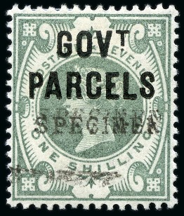 Stamp of Great Britain » Officials GOVT PARCELS: 1890 1s Full Green with SPECIMEN overprint double