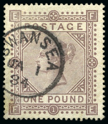 Stamp of Great Britain » 1855-1900 Surface Printed 1867-83 Wmk Anchor £1 Brown-Lilac FE with Swansea cds