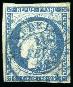 1849 25c bleu avec exceptionnel càd BLEU Montbeliard