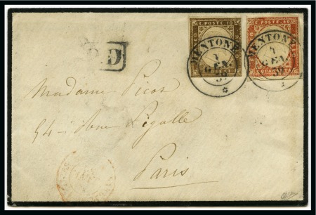 Stamp of Colonies françaises » Monaco 1859 Enveloppe pour Paris avec 10c +40c sarde (touchés)