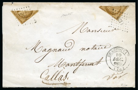 Exceptionnelle fraude postale :  Deux moitiés du 10c de la première émission sur un faire-part de mariage pour l'affranchir à 10c de Draguignan 10.12.1852 pour Montferrat, Var. Fraude d'un postier 