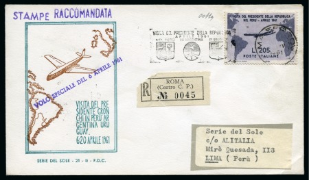 1961 205L Gronchi rosa with corrected stamp applied on top, on reg'd cover to Peru, arrival on reverse, very fine, scarce, cert. Colla