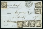 1885 Lettre de Paris (càd 5 aout 85 Tribunal de COMce) pour Vincennes avec 20c +3c +2c (x2) +1c (x3) pour faire 30c, càd Vincennes 06.08 au dos, TB, rare, signé Baudot