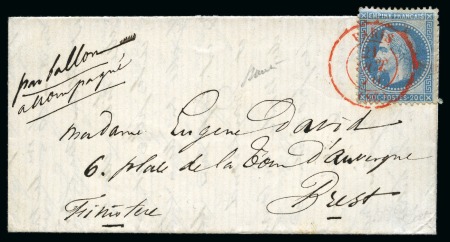 LE COLONEL CHARRAS Ballon monté avec 20c Lauré obl. Paris SC rouge 31.10.1870 pour Brest, càd d'arrivée du 04.11 au dos, TB, signé Baudot